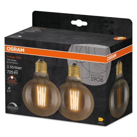 2er Pack OSRAM E27 LED VINTAGE Glühlampe in EDISON Globe 95 GOLD dimmbar 6,5W wie 55W extra warmweißes gemütliches Licht